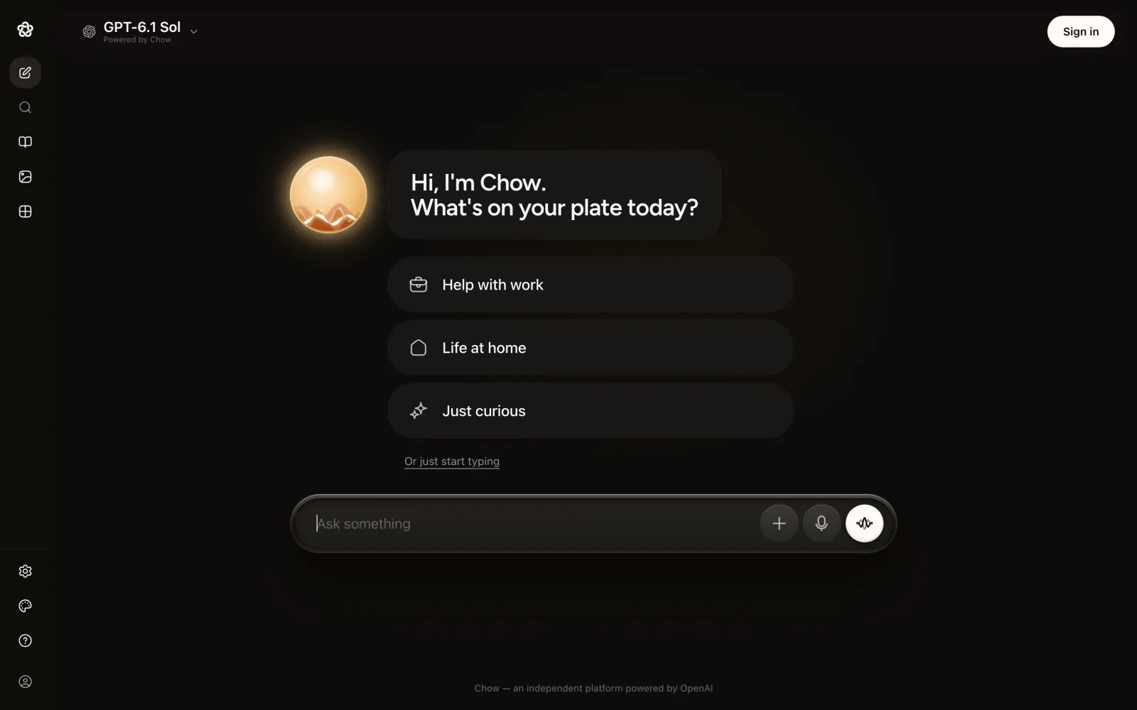 The Chow AI assistant home screen with conversation starters