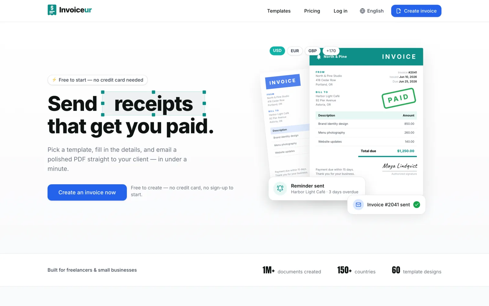 The Invoiceur invoice generator with a sample invoice and payment reminder